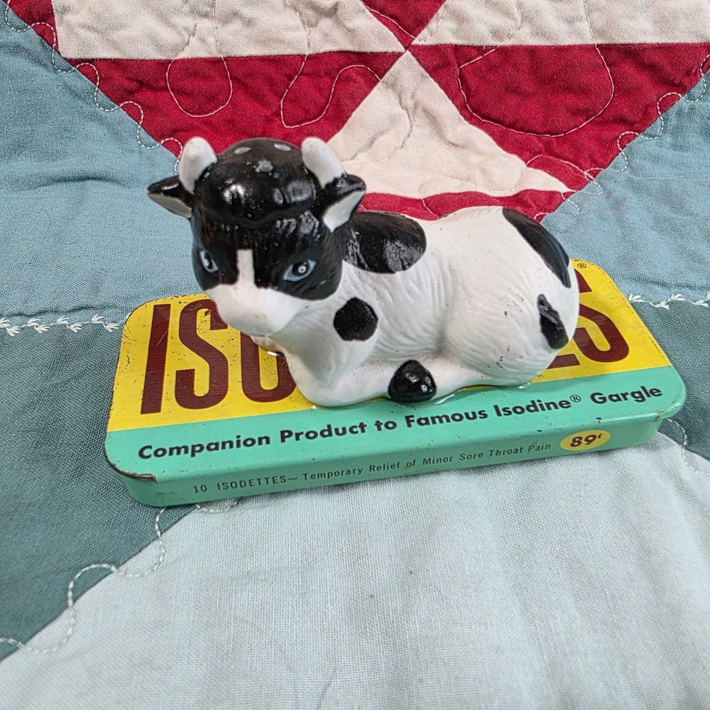 Isodettes Antibiotic Throat Lozenges Tin Cow Figurine Small Multi-Color Decor